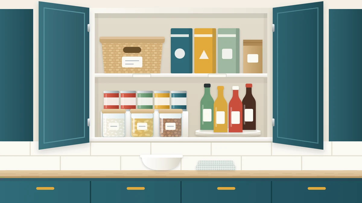 Upper kitchen cabinet with both doors open showing a riser with cans, clear containers in front and a small turntable of bottles
