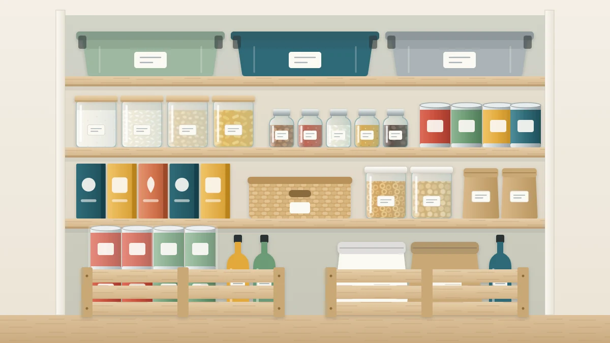 A pantry with lidded bins of spares on the top shelf and two low floor crates of cans, large bags and bottles, with everyday shelves between