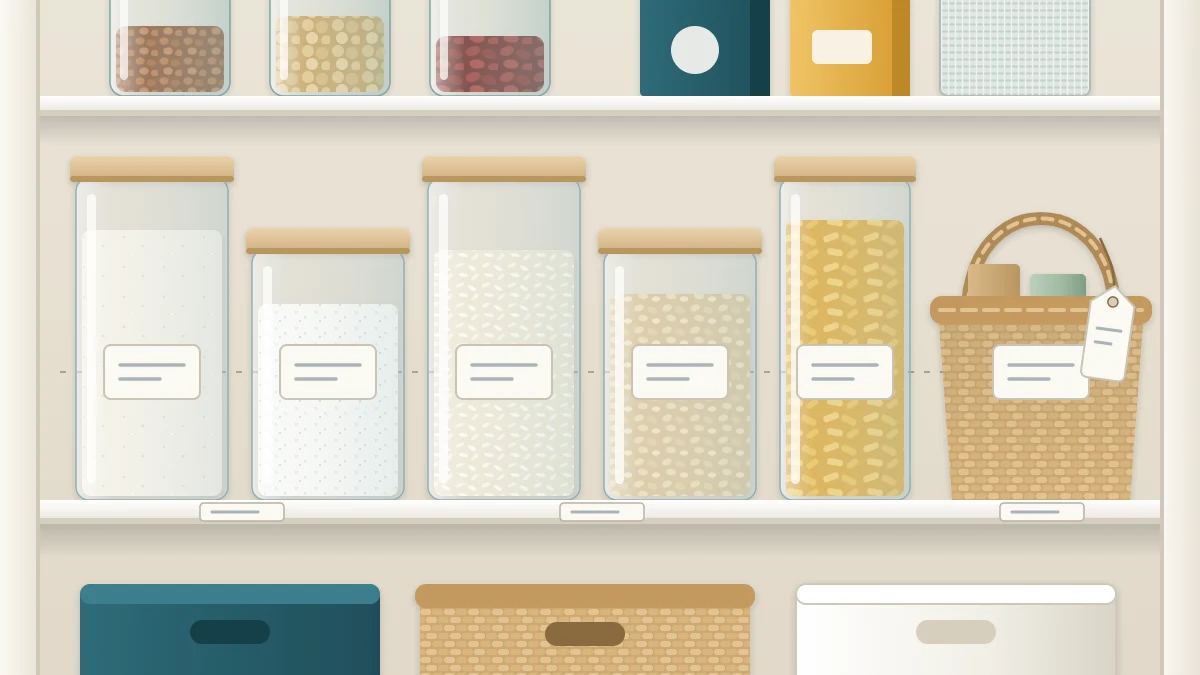 Row of clear containers and a woven basket on a pantry shelf, each with a blank label at the same height and a blank tag on the basket handle