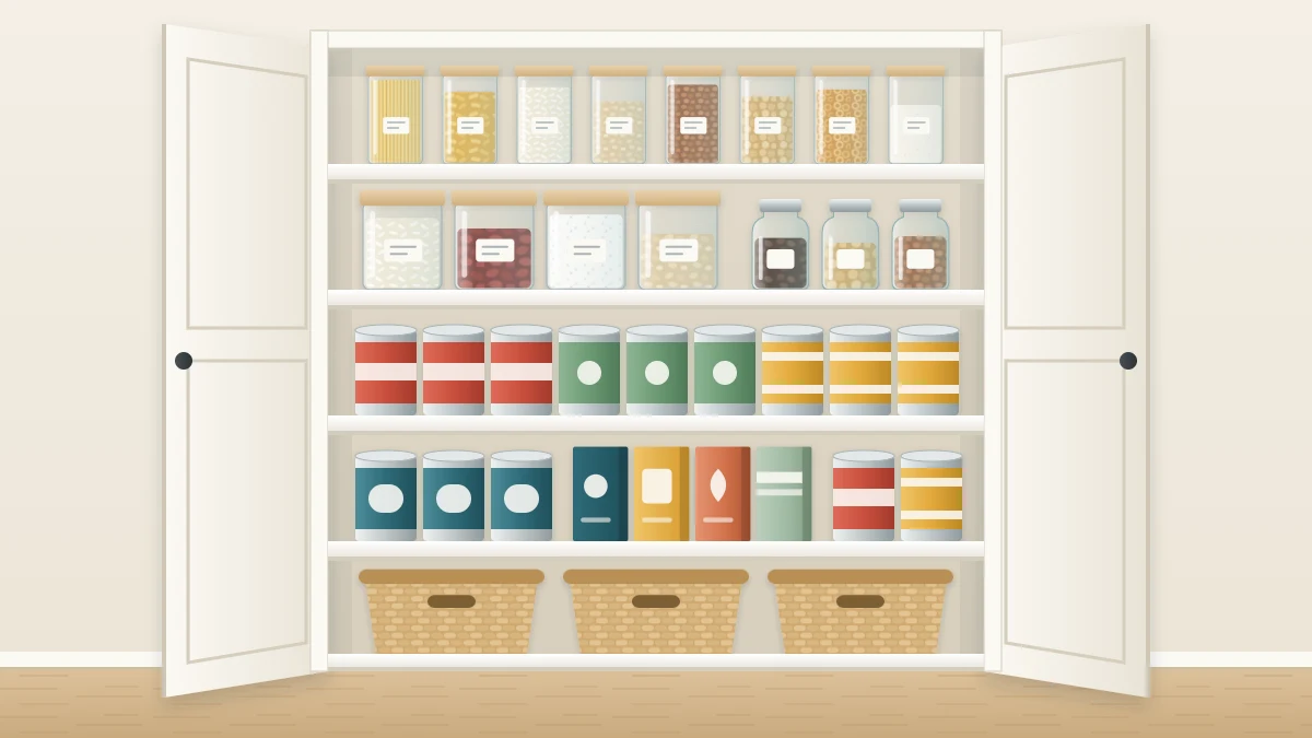 A reach-in pantry closet with open double doors and five white shelves holding clear containers, rows of cans and woven baskets