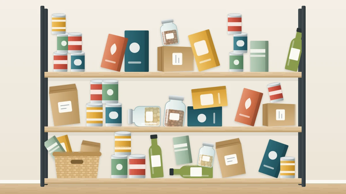 Cluttered pantry shelf unit with leaning boxes, slumped bags, uneven towers of cans and items pushed in at every angle